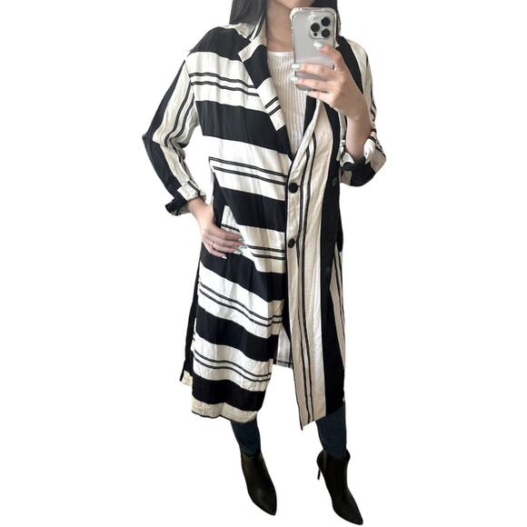 Topshop Linen Blend Monochrome Oversized Coat Black White Stripes Sz 4 / Small - Picture 1 of 12
